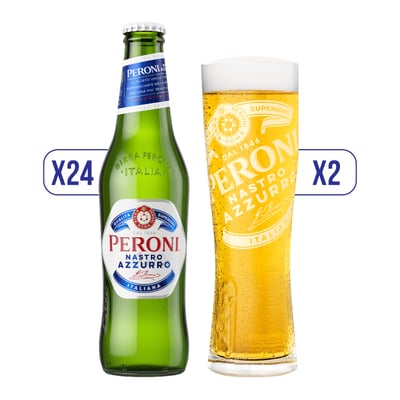 Pack X24 Cervezas Peroni Lager 330cc + 2 Vasos 500ml