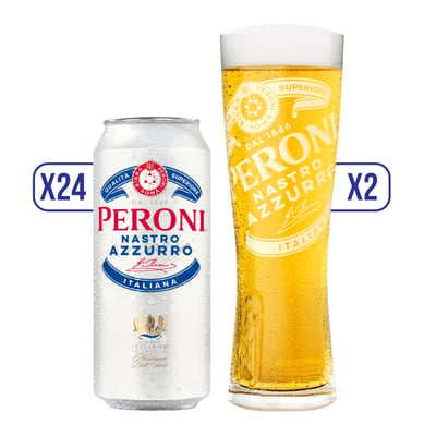 Pack X24 Cervezas Peroni Lata 500cc + 2 Vasos 500ml