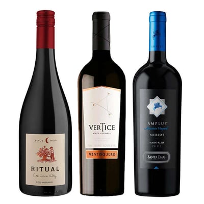 PERFECT WINE PACK: Vino Ritual Pinot Noir Orgánico 750cc + Vino Ventisquero Vértice 750cc + Vino Santa Ema Amplus Merlot 750cc