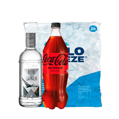 Pisco Alto Del Carmen Transparente 750cc + Coca Cola Zero 1.5l + Hielo 2kg