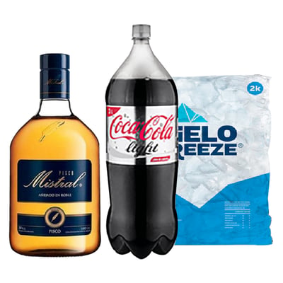 Pisco Mistral 35� 1lt + Coca Cola Light 3lt + Hielo 2kg