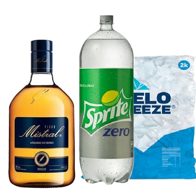 Pisco Mistral 35° 1lt + Sprite Zero 3lt + Hielo 2kg