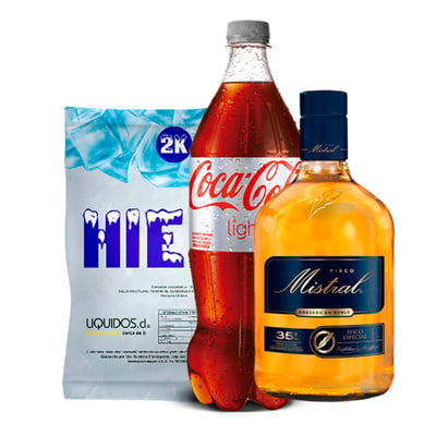 Pisco Mistral 35° 750cc + Coca Cola Light 1.5lt + Hielo 2kg