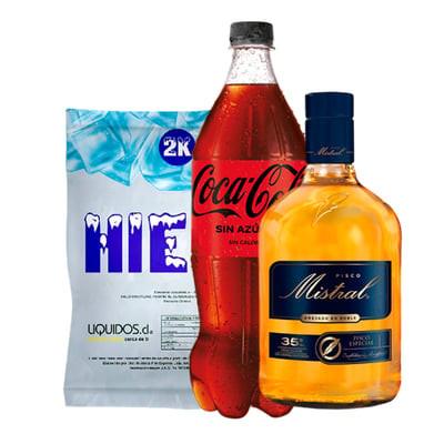 Pisco Mistral 35° 750cc + Coca Cola Zero 1.5 Lt + Hielo 2kg