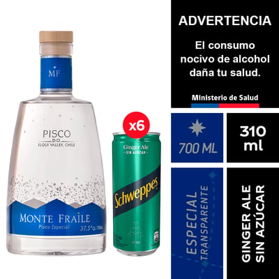 Pisco Monte Fraile Transparente 37,5° 700 Ml. + Schweppes Ginger Ale Sin Azúcar 6 X 310 Ml
