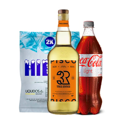 Pisco Tres Erres 1l 35° + Coca Cola Light 1.5l + Hielo Liquidos 2kg
