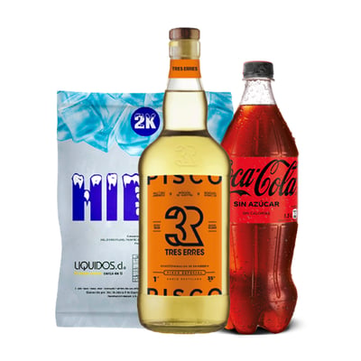 Pisco Tres Erres 1l 35° + Coca Cola Zero 1.5l + Hielo Liquidos 2kg