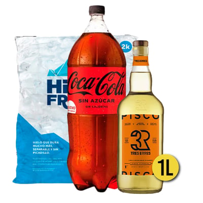 Pisco Tres Erres 35° 1l + Coca Cola Zero 3l + Hielo 2kg