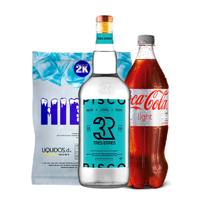 Pisco Tres Erres Transparente 1l + Coca Cola Light 1.5l + Hielo Liquidos 2kg