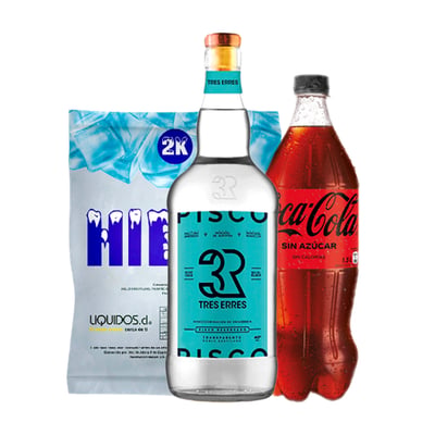 Pisco Tres Erres Transparente 1l + Coca Cola Zero 1.5l + Hielo Liquidos 2kg