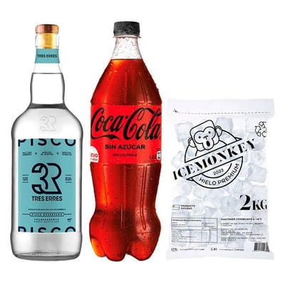 PROMO 3R TRANSPARENTE 750cc + BEBIDA ZERO 1500cc + HIELO: Pisco Tres Erres Transparente 750cc 40º alc. + Hielo Ice Monkey 2 kg.