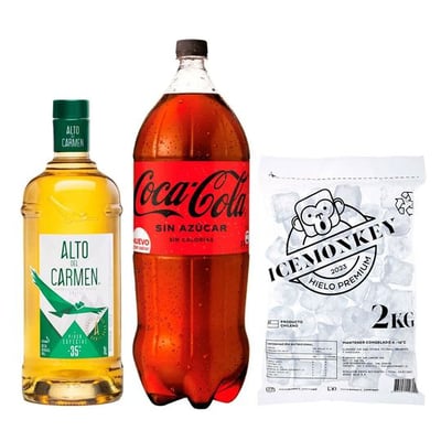 PROMO ALTO LITRO + BEBIDA ZERO 3L + HIELO: Pisco Alto del Carmen 35 grados 1 Litro + Bebida Coca Cola Zero Azúcar 3 L + Hielo Ice Monkey 2 kg.