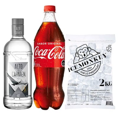 PROMO ALTO TRANSPARENTE + BEBIDA + HIELO: Pisco Alto del Carmen Transparente 750cc 40º alc. + Bebida Coca Cola 1.5 L + Hielo Ice Monkey 2 kg.