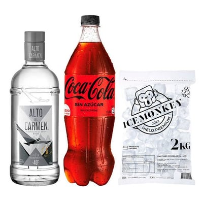 PROMO ALTO TRANSPARENTE + BEBIDA ZERO 1.5 LTS + HIELO: Pisco Alto del Carmen Transparente 750cc 40º alc. + Bebida Coca Cola Zero Azúcar 1.5 L + Hielo Ice Monkey 2 kg.