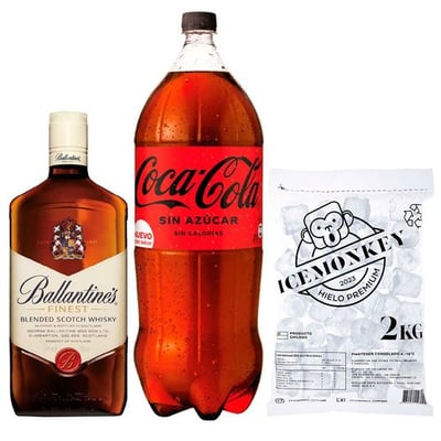 PROMO BALLANTINES FINEST LITRO + BEBIDA ZERO 3L + HIELO: Whisky Ballantines 1 Litro 40º alc. + Bebida Coca Cola Zero Azúcar 3 L + Hielo Ice Monkey 2 kg.
