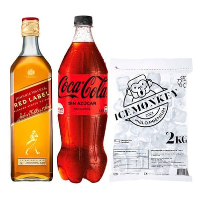 PROMO JW RED 750cc + BEBIDA ZERO 1500cc + HIELO: Whisky Johnnie Walker Red Label 750cc 40º alc. + Bebida Coca Cola Zero Azúcar 1.5 L + Hielo Ice Monkey 2 kg.