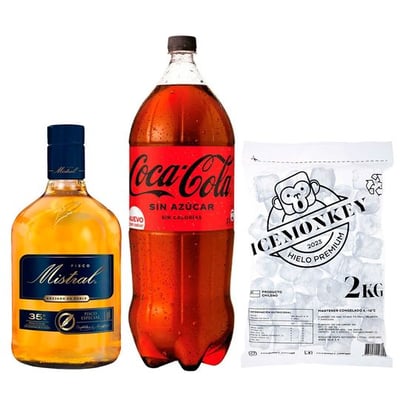 PROMO MISTRAL LITRO + BEBIDA ZERO 3 LTS + HIELO: Pisco Mistral Añejado 1 Litro 35º alc. + Bebida Coca Cola Zero Azúcar 1.5 L + Hielo Ice Monkey 2 kg.