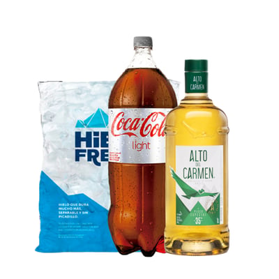 Promo Pack Pisco Alto Del Carmen 35° 1lt + Coca Cola Light 3lt + Hielo 2kg