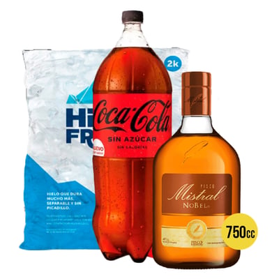 Promo Pisco Mistral Nobel 750cc + Coca Cola Zero 3lt + Hielo 2kg