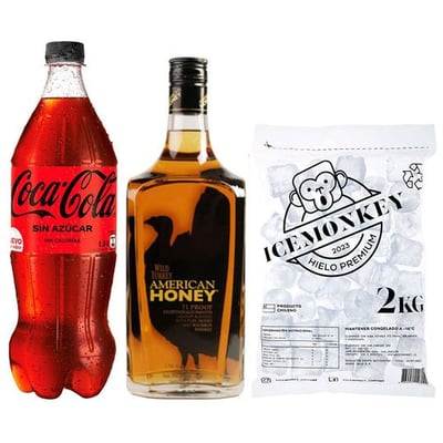 PROMO WILD TURKEY AMERICAN HONEY + BEBIDA ZERO 1500cc + HIELO: Whiskey American Honey Wild Turkey 750cc + Bebida Coca Cola Zero Azúcar 1.5 + Hielo Ice Monkey 2 kg.