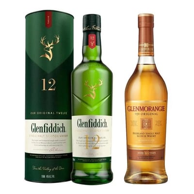 SINGLE MALT DUO: Whisky Glenfiddich 12 años 750cc 40º alc. + Whisky Glenmorangie Original 10 años 700cc 40º alc.