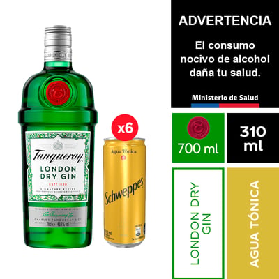 Tanqueray 700 Ml. + Schweppes Agua Tónica 6 X 310 Ml.