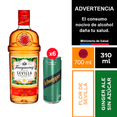 Tanqueray Sevilla 700 Ml.+ Schweppes Ginger Ale Sin Azúcar 6 X 310 Ml.