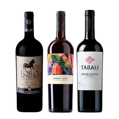 TRIFECTA BOOZ: 1x Vino Toro de Piedra Cabernet Sauvignon 750cc + 1x Vino 7 Colores Gran Reserva Carmenere 750cc + 1x Vino Tabali Pedregoso Gran Reserva Carmenere 750cc
