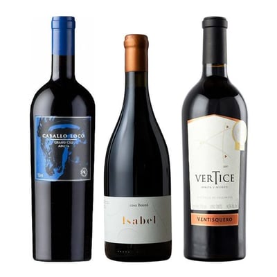 TRIO CABALLO LOCO - BAUZA - VERTICE: 1x Vino Caballo Loco Grand Cru Apalta 750cc + 1x Vino Casa Bauzá Isabel 750cc + 1x Vino Ventisquero Vertice 750cc