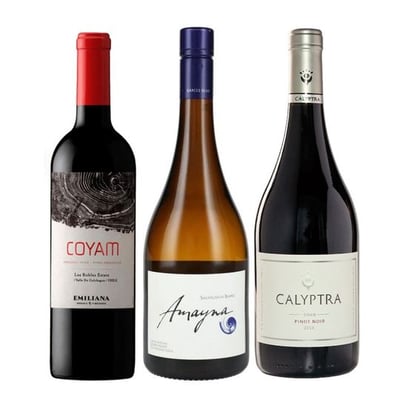 TRIO COYAM - AMAYNA - CALYPTRA: 1x Vino Orgánico COYAM 750cc + 1x Vino Garcés Silva Amayna Sauvignon Blanc 750cc + 1x Vino Calyptra Gran Pinot Noir 750cc