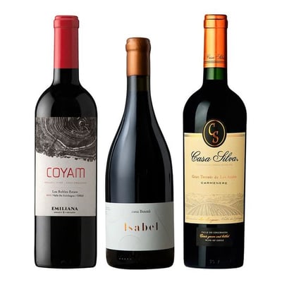 TRIO COYAM - BAUZA - CASA SILVA: 1x Vino Orgánico COYAM 750cc + 1x Vino Ícono Casa Bauzá Isabel 750cc + 1x Vino Casa Silva Gran Terroir Carmenere 750cc
