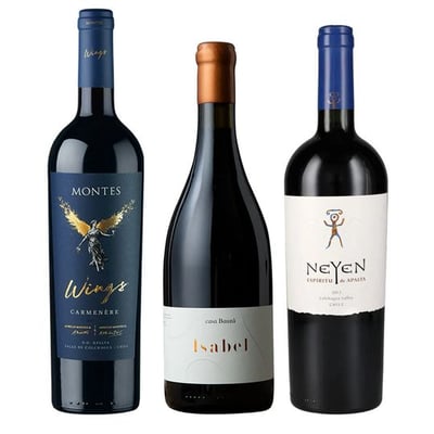 TRIO MONTES - NEYEN - BAUZA: 1x Vino Montes Wings Carmenere 750cc + 1x Vino Ícono Neyen de Apalta Blend 750cc + 1x Vino Ícono Casa Bauzá Isabel 750cc