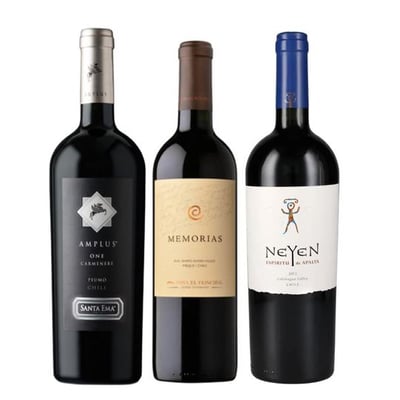 TRIO NEYEN - AMPLUS - MEMORIAS: 1x Vino Ícono Neyen de Apalta Blend 750cc + 1x Vino El Principal Memorias Ensamblaje 750cc + 1x Vino Santa Ema Amplus Carmenere 750cc
