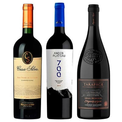 TRIO PREMIUM N°4: 1x Vino Andes Plateau 700 High Altitude Red Blend 750cc + 1x Vino Tarapacá Etiqueta Negra Cabernet Sauvignon 750cc + Vino Casa Silva Gran Terroir Carmenere 750cc