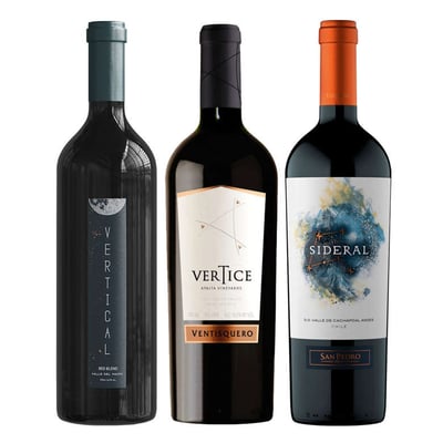 TRIO SIDERAL - VERTICE - VERTICAL: 1x Vino Sideral Blend 750cc + 1x Vino Vertical Ultra Premium Blend 750cc + 1x Vino Ventisquero Vertice 750cc