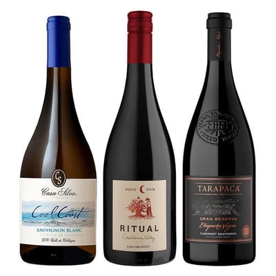 TRIO TARAPACA - CASA SILVA - RITUAL: 1x Vino Tarapacá Etiqueta Negra Cabernet Sauvignon 750cc + 1x Vino Casa Silva Cool Coast Sauvignon Blanc 750cc + 1x Vino Ritual Pinot Noir Orgánico 750cc