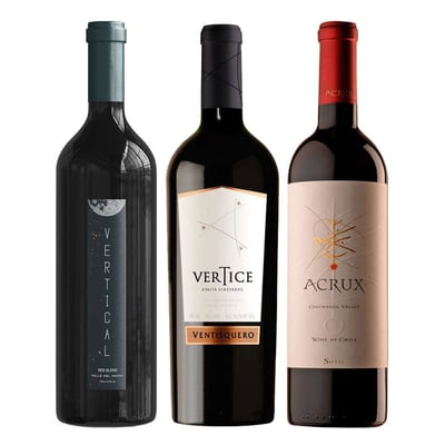 TRIO VERTICAL - VERTICE - ACRUX: 1x Vino Vertical Ultra Premium Blend 750cc + 1x Vino Ventisquero Vertice 750cc + 1x Vino Acrux Ensamblaje Super Premium 750cc