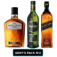 GENTS PACK Nº2: Whiskey Gentleman Jack Daniels 750cc 40º alc. + Whisky Glenfiddich 12 años 750cc 40º alc. + Whisky Johnnie Walker Black Label 750cc 40º alc.