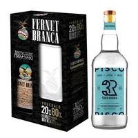 Kit Branca con vaso + 3R Transparente 750cc: 1x Licor Fernet Branca 750cc + 1x Vaso + Pisco Tres Erres Transparente 750cc 40º alc.