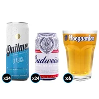 PACK CERVEZA: 24x Cerveza Budweiser en Lata 354cc + 24x Cerveza Quilmes Lata 473cc + 6x Vaso Vidrio Hoegaarden 500cc