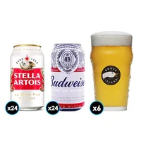 PACK CERVEZA: 24x Cerveza Budweiser en Lata 354cc + 24x Cerveza Stella Artois Lata 354cc + 6x Vaso Goose Island IPA