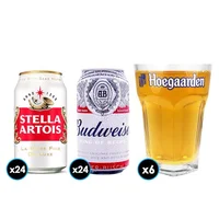 PACK CERVEZA: 24x Cerveza Budweiser en Lata 354cc + 24x Cerveza Stella Artois Lata 354cc + 6x Vaso Vidrio Hoegaarden 500cc