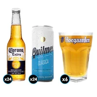 PACK CERVEZA: 24x Cerveza Corona Extra en Botellas 330cc + 24x Cerveza Quilmes Lata 473cc + 6x Vaso Vidrio Hoegaarden 500cc