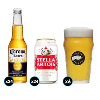 PACK CERVEZA: 24x Cerveza Corona Extra en Botellas 330cc + 24x Cerveza Stella Artois Lata 354cc + 6x Vaso Goose Island IPA
