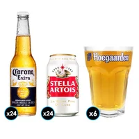 PACK CERVEZA: 24x Cerveza Corona Extra en Botellas 330cc + 24x Cerveza Stella Artois Lata 354cc + 6x Vaso Vidrio Hoegaarden 500cc
