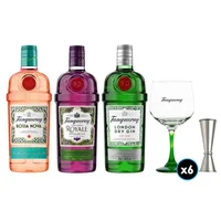 PACK TANQUERAY: 1x Gin Tanqueray 700cc 43.1ºalc+ 1x Gin Tanqueray Bossa Nova 700cc +1x Gin Tanqueray Royale 700cc +6x Copón Vidrio Tanqueray +1x Jigger JW