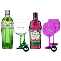 PACK TANQUERAY: 1x Gin Tanqueray N°10 750cc + 2x Copa Vidrio Tanqueray + 1x Gin Tanqueray Royale 700cc + 2x Copa Acrilica Royal