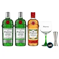PACK TANQUERAY: 2x Gin Tanqueray 700cc 43.1ºalc +1x Gin Tanqueray Sevilla 700cc +4x Copón Vidrio Tanqueray +1x Jigger JW