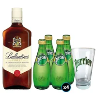 PACK WHISKY-PERRIER N°2: 1x Whisky Ballantines Finest 750cc 40° alc. + 4x Agua Perrier Con Gas en Botella 330cc + 1 Vaso Perrier