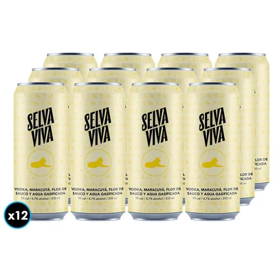 12x Bebida Premium Selva Viva Vodka Maracuyá Flor de Sauco 310cc